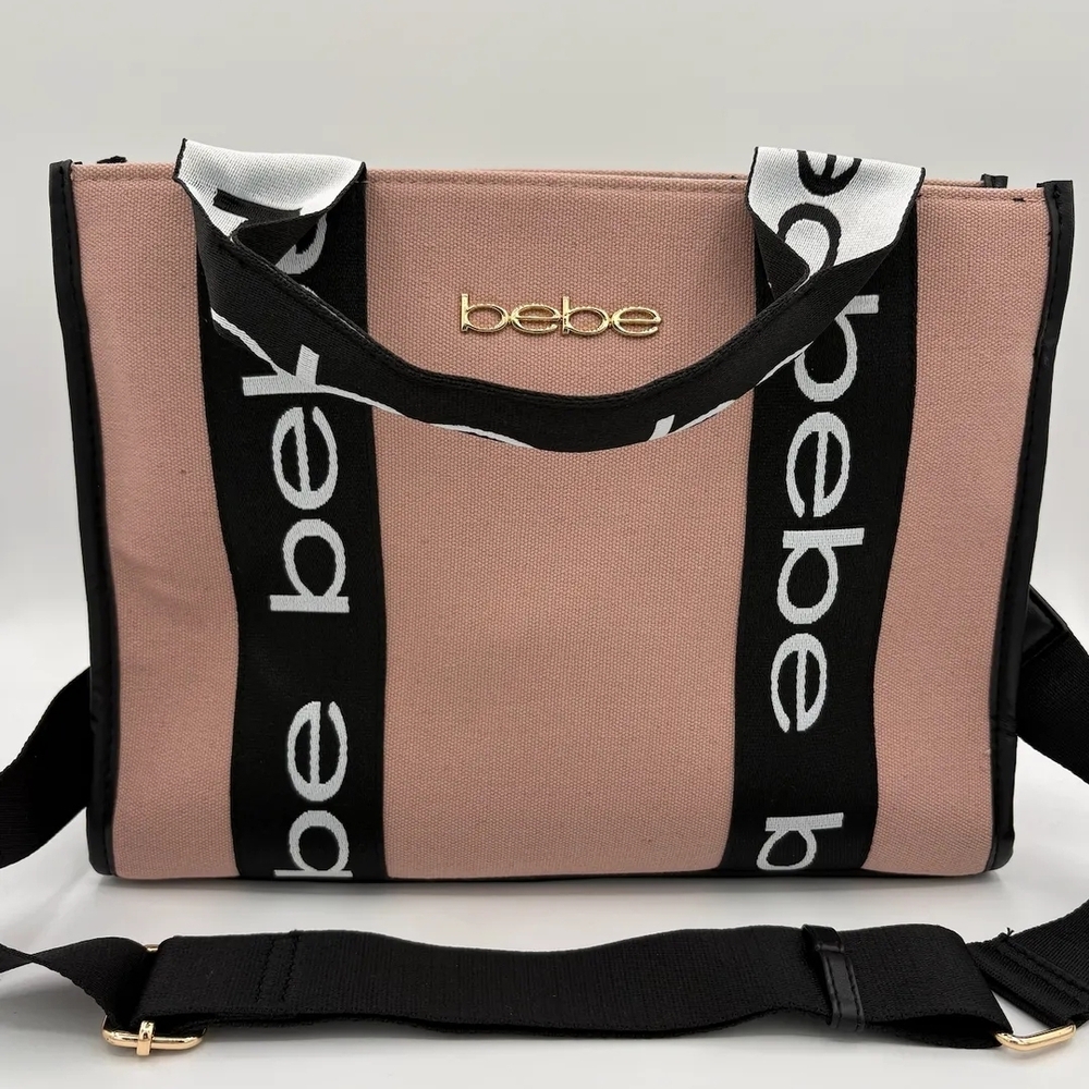 Bebe Hana Canvas Dusty Rose Pink and Black Logo Tote Bag